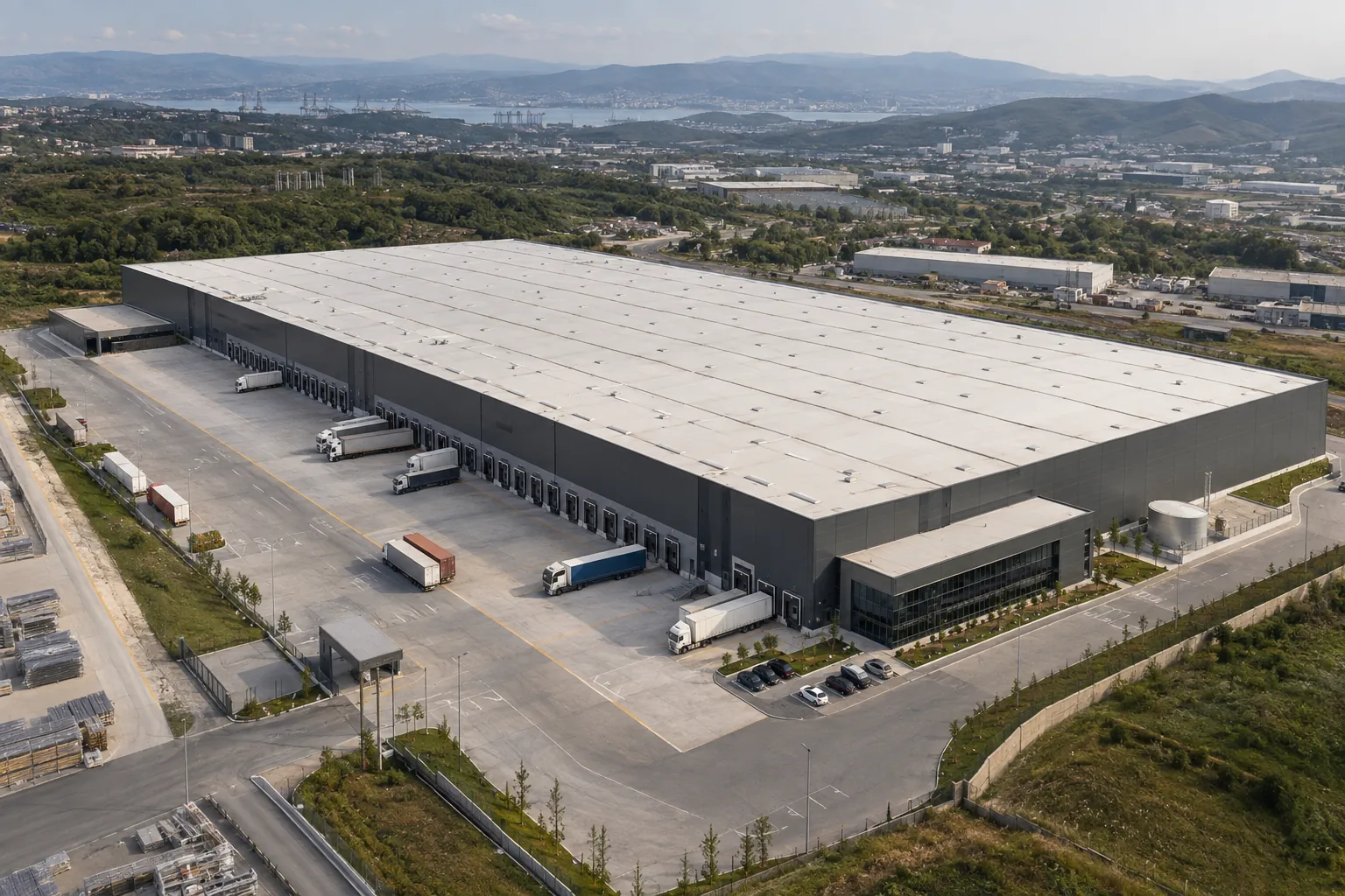 Yükleme alanları ve geniş çatı açıklıklarıyla Dilovası Lojistik konsept tesisinin havadan görünümü