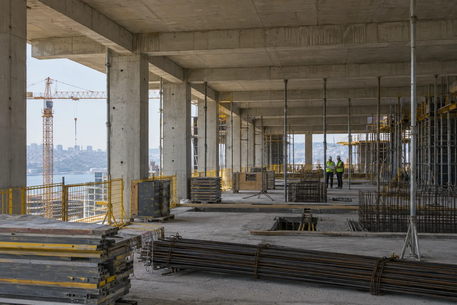 Betonarme taşıyıcı sistem imalatı sırasında korumalı çalışma alanı ve saha ekibi; temsili şantiye